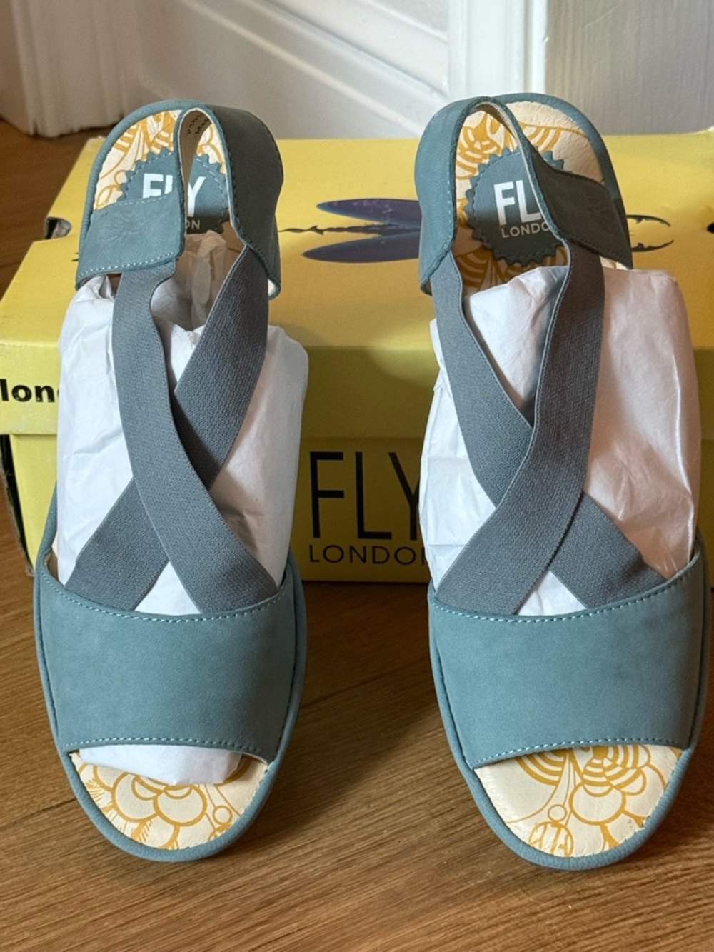 Fly London Blue-Grey Crisscross Sandals